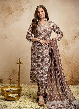 Classic Brown Magic Cotton Printed Straight Pant Suit