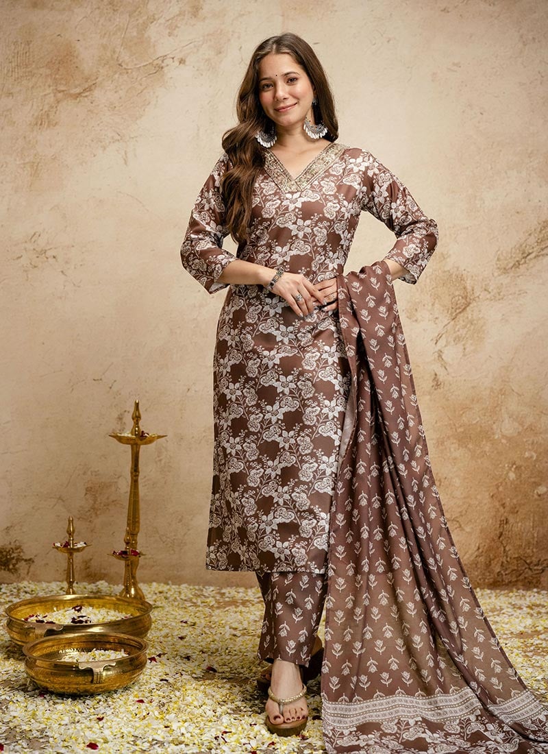 Classic Brown Magic Cotton Printed Straight Pant Suit After Six Wear