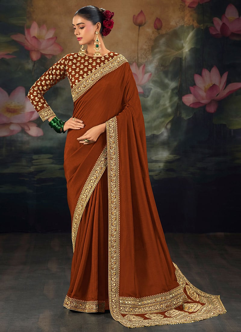 Classic Brown Muga Silk Zari Sequins Resham Embroidered Saree Wedding Wear