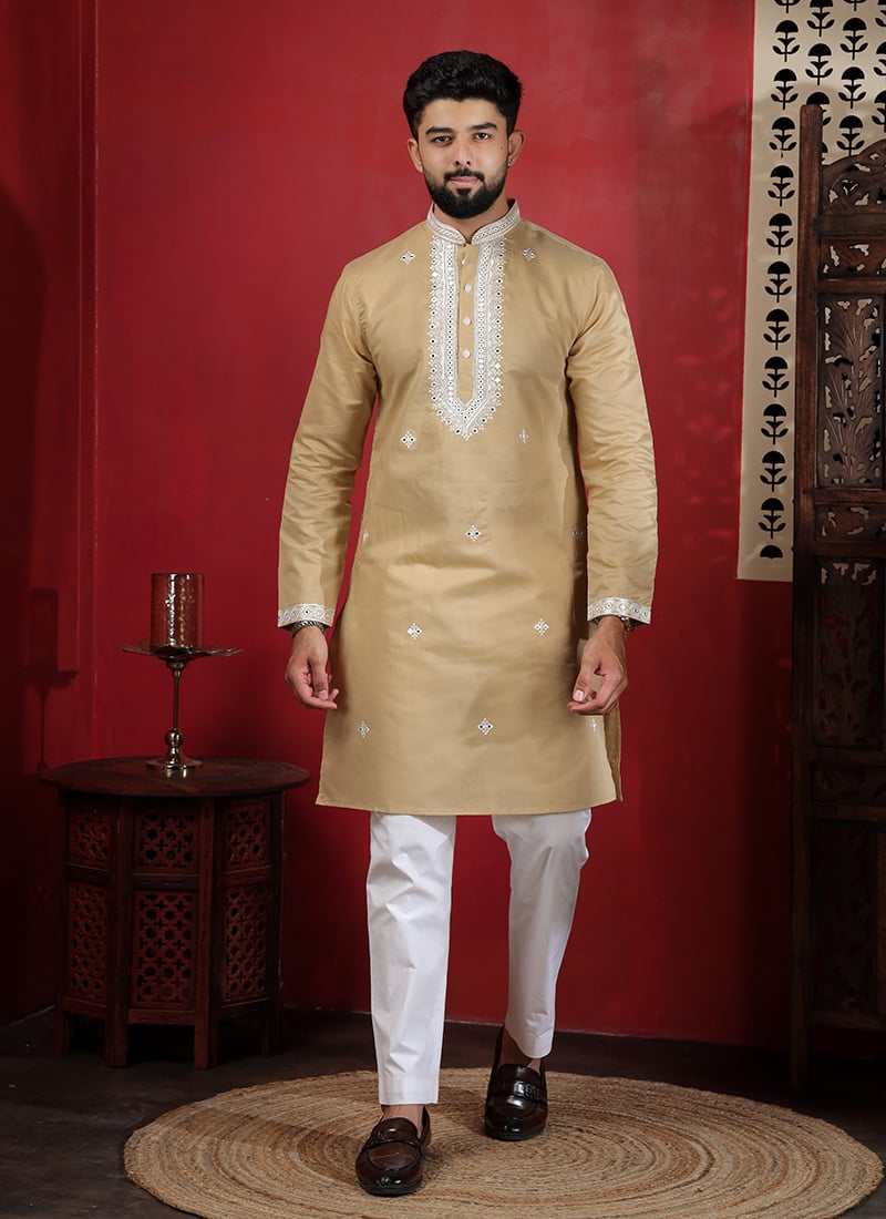 Classic Chikoo Cotton Embroidered Kurta Pyjama Festive Wear