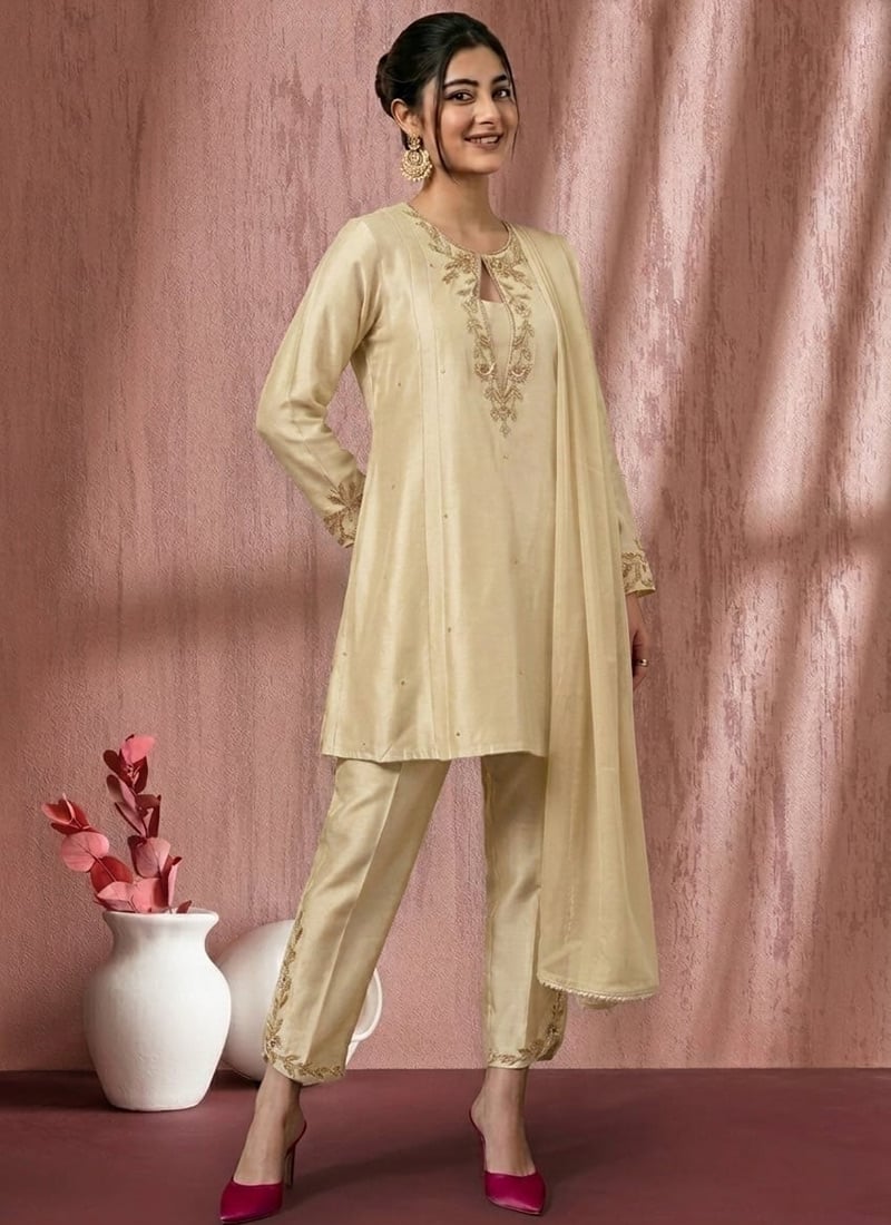 Classic Cream Art Silk Zari Sequins Straight Pant Suit After Six Wear