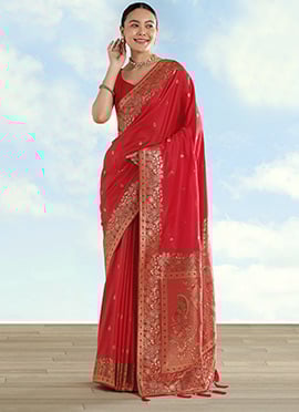 Classic Cream Banarasi Satin Silk Zari Woven Saree