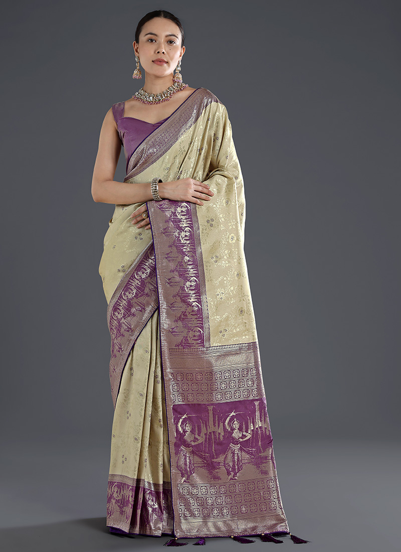Classic Cream Banarasi Silk Zari Woven Saree Festive Wear
