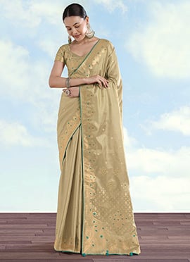 Classic Cream Banarasi Tissue Silk Paisley Zari Woven Saree