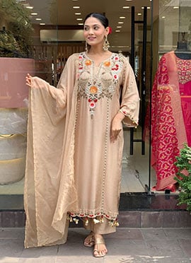 Classic Cream Chanderi Embroidered Straight Pant Suit
