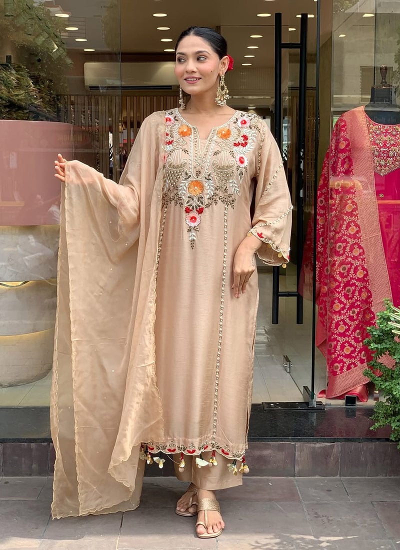 Classic Cream Chanderi Embroidered Straight Pant Suit After Six Wear