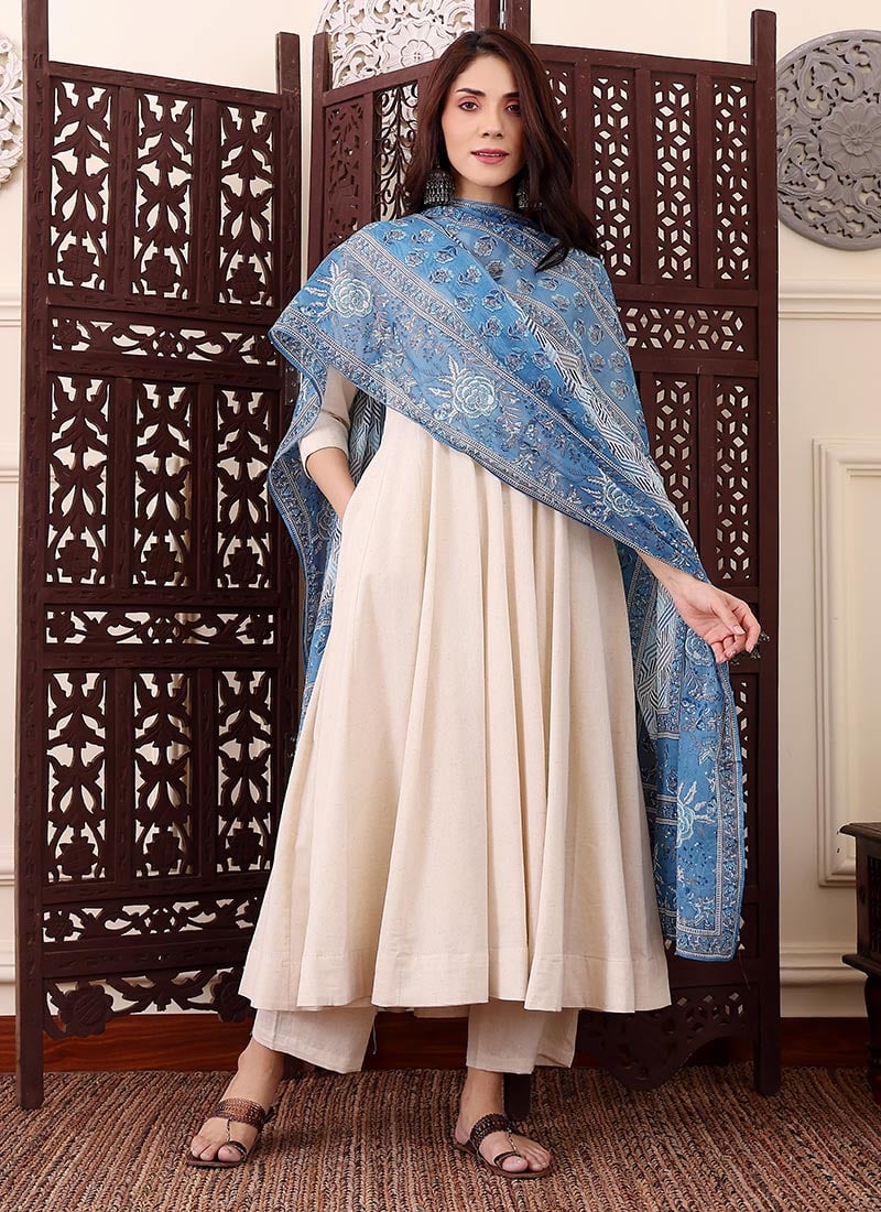 Classic Cream Chanderi Silk Embroidered Anarkali Suit After Six Wear