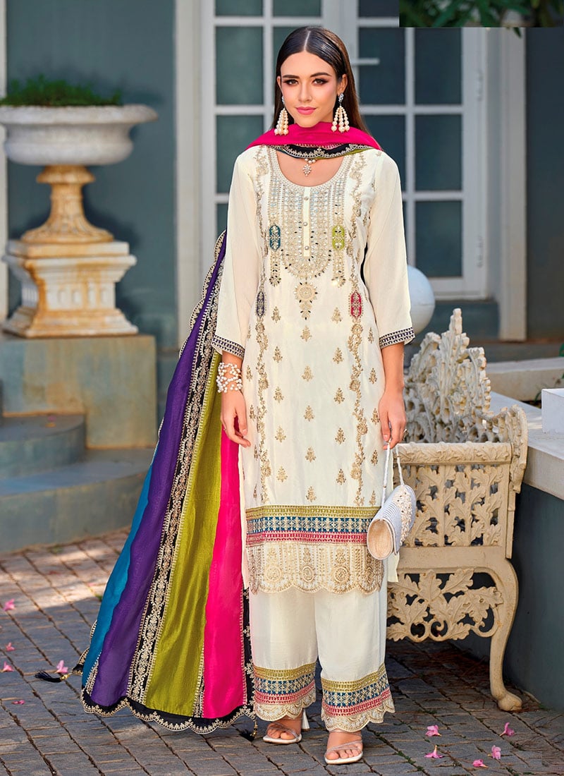 Classic Cream Chinon Zari Embroidered With Stone Sequins Pakistani Palazzo Suit Festive Wear