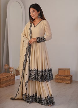 Classic Cream Faux Georgette Embroidered Thread Palazzo Suit