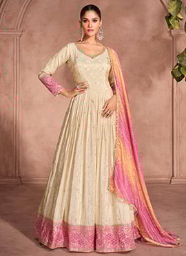 Classic Cream Jacquard Silk Embroidered Sequins Abaya Style Anarkali Suit