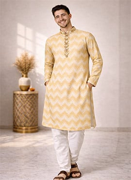 Classic Cream Jacquard Silk Jacquard Kurta Pyjama