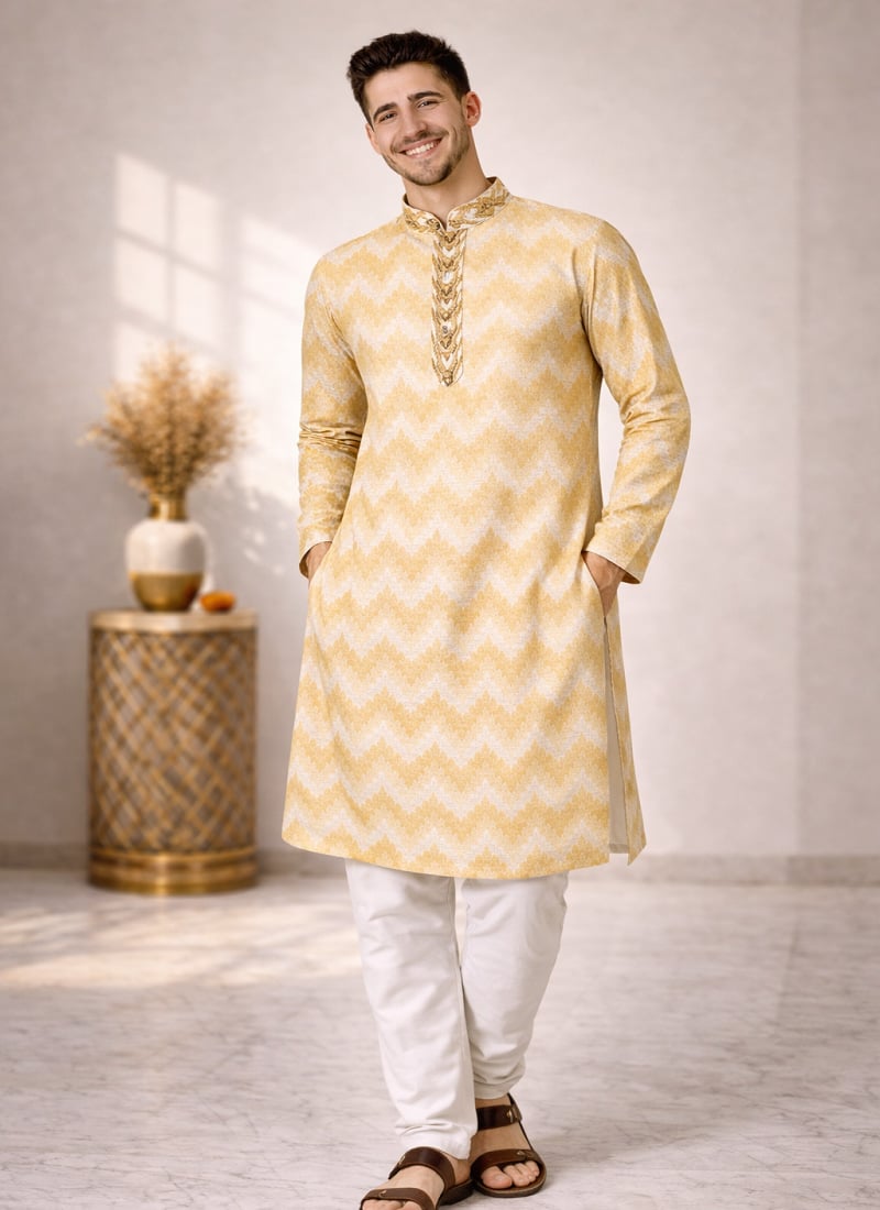 Classic Cream Jacquard Silk Jacquard Kurta Pyjama Festive Wear