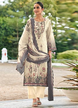 Classic Cream Lawn Cotton Digital Print Straight Pant Suit