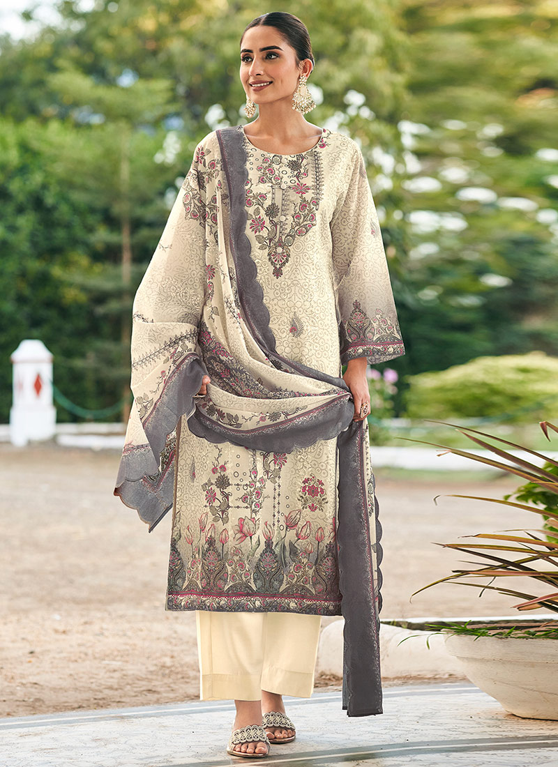 Classic Cream Lawn Cotton Digital Print Straight Pant Suit After Six Wear