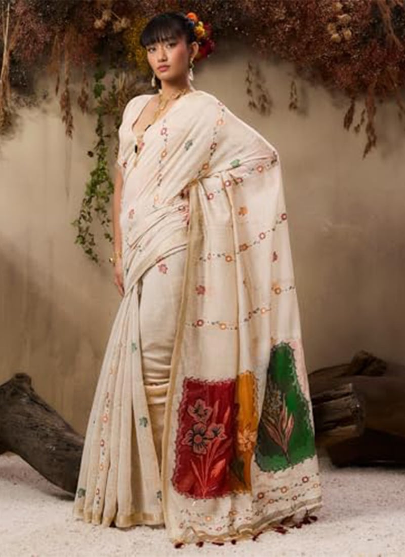 Classic Cream Muga Cotton Resham Zari Printed Floral Print Saree After Six Wear