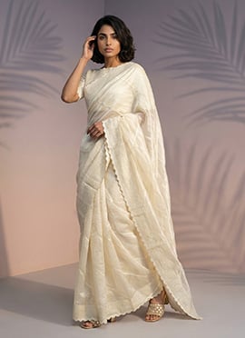 Classic Cream Rasberry Silk Hand Embroidered Saree
