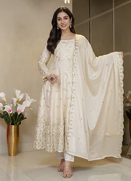 Classic Cream Silk Embroidered Sequins Anarkali Suit