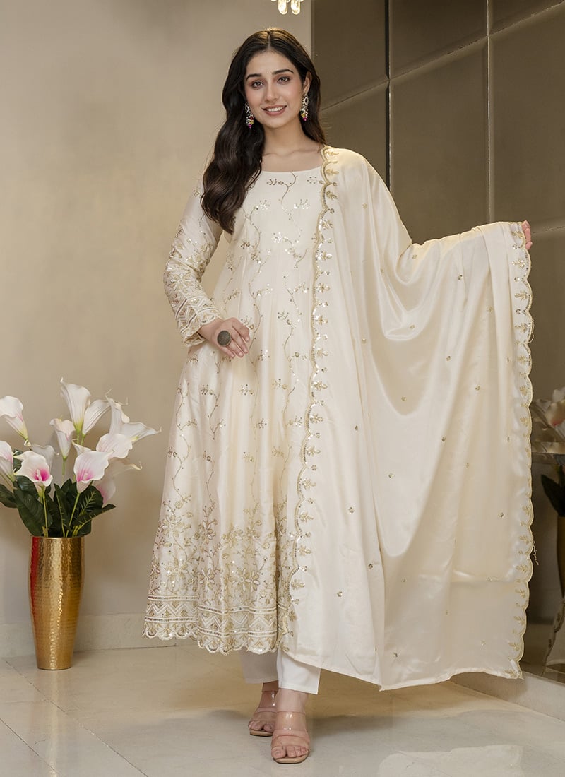 Classic Cream Silk Embroidered Sequins Anarkali Suit After Six Wear