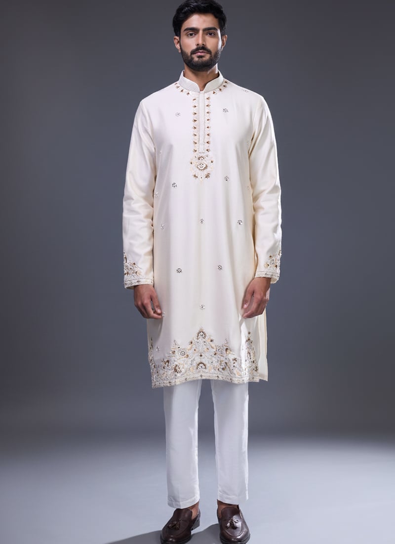 Classic Cream Silk Embroidered With Mirror Work Kurta Pyjama Festive Wear