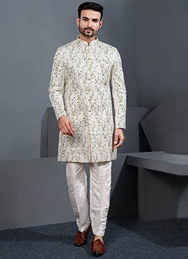 Classic Cream Silk Zari Embroidered Thread Indowestern Sherwani