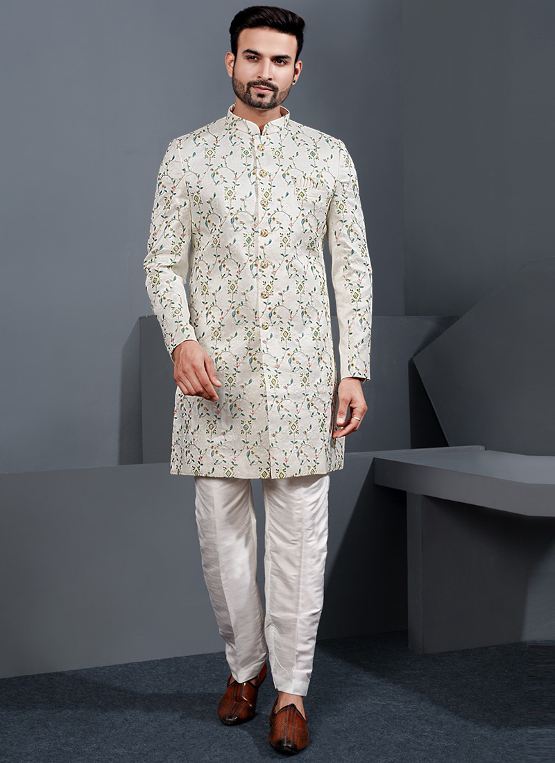 Classic Cream Silk Zari Embroidered Thread Indowestern Sherwani Wedding Wear