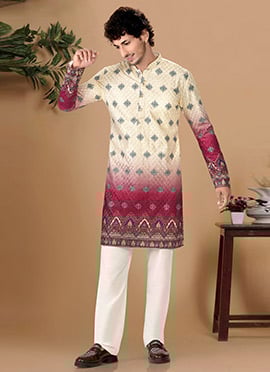 Classic Cream Soft Cotton Sequins Embroidered Printed Kurta Pyjama