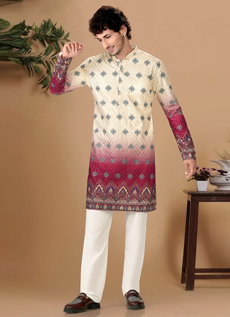 Classic Cream Soft Cotton Sequins Embroidered Printed Kurta Pyjama Festive Wear