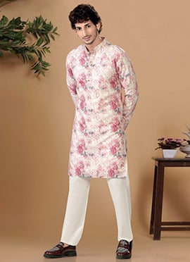 Classic Cream Soft Cotton Sequins Printed Kurta Pyjama