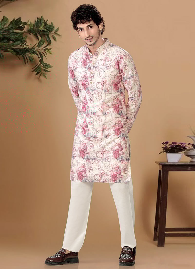 Classic Cream Soft Cotton Sequins Printed Kurta Pyjama Festive Wear