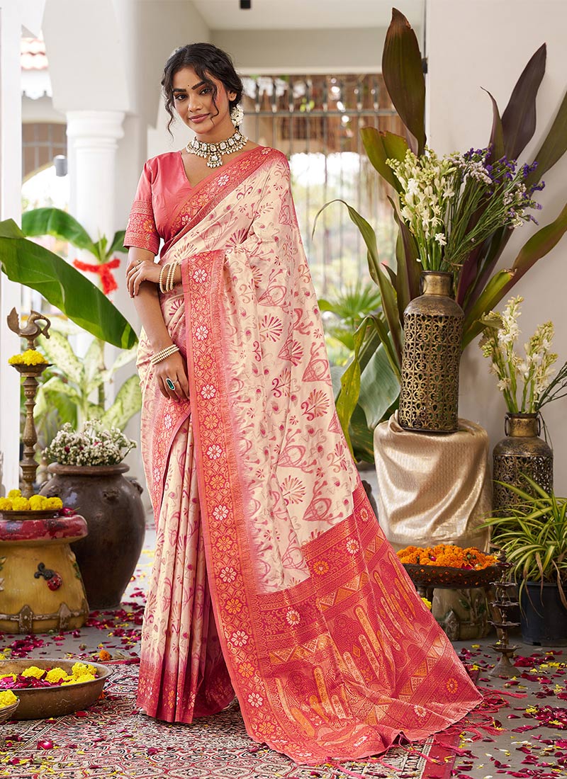 Classic Cream Soft Silk Jacquard Zari Woven Saree Festive Wear