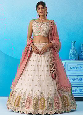Classic Cream Tissue Embroidered Sequins Beads Work Lehenga