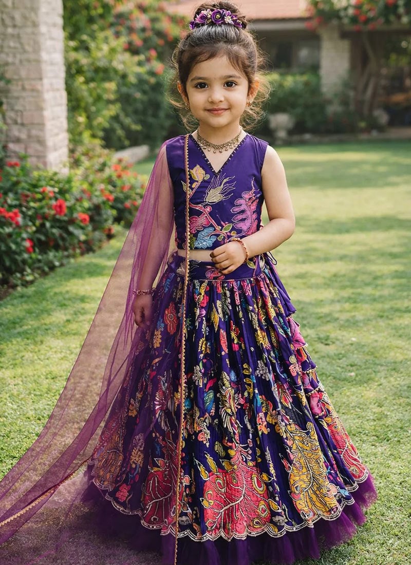 Classic Dark Blue Natural Crepe Print Embroidery Work Kids Girls Umbrella Lehenga
