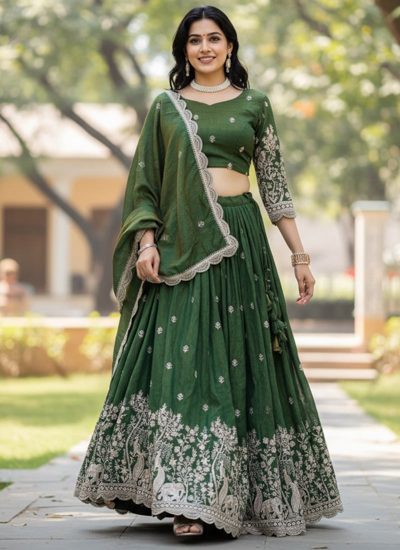 Classic Dark Olive Green Vichitra Silk Embroidered Sequins Umbrella Lehenga Festive Wear