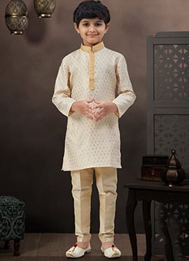 Classic Fawn & Gold Banarasi Jacquard Tikki Work Kids Boys Kurta Pyjama