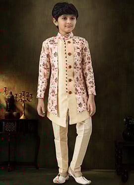 Classic Fawn Banarasi Silk Digital Print Jacquard Kids Boys Indowestern Sherwani