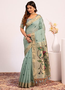 Classic Firozi Muga Cotton Printed Paithani Woven Saree
