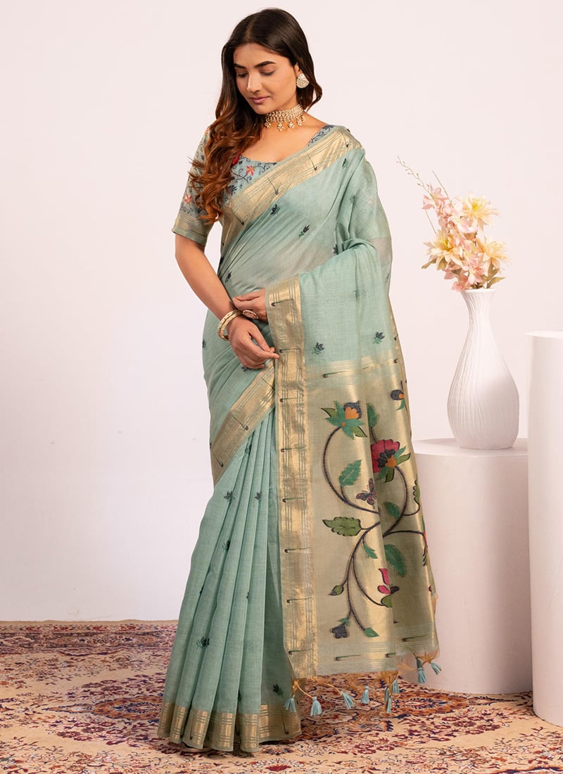 Classic Firozi Muga Cotton Printed Paithani Woven Saree After Six Wear