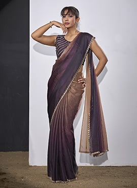 Classic Gold Brown Fendi Satin Tikki Work Saree