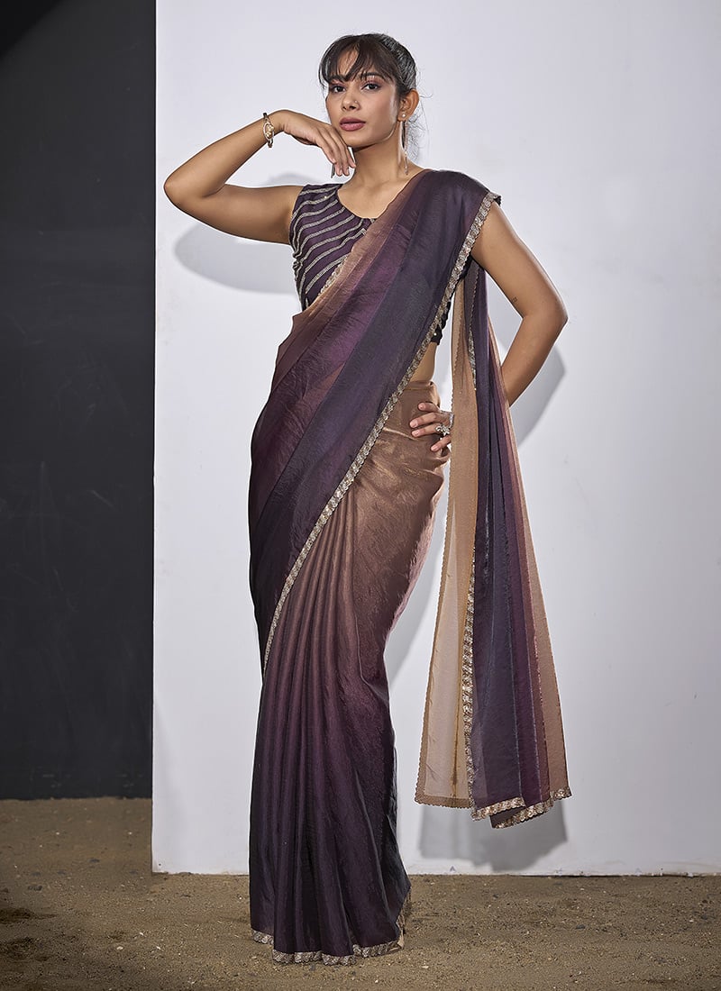 Classic Gold Brown Fendi Satin Tikki Work Saree After Six Wear