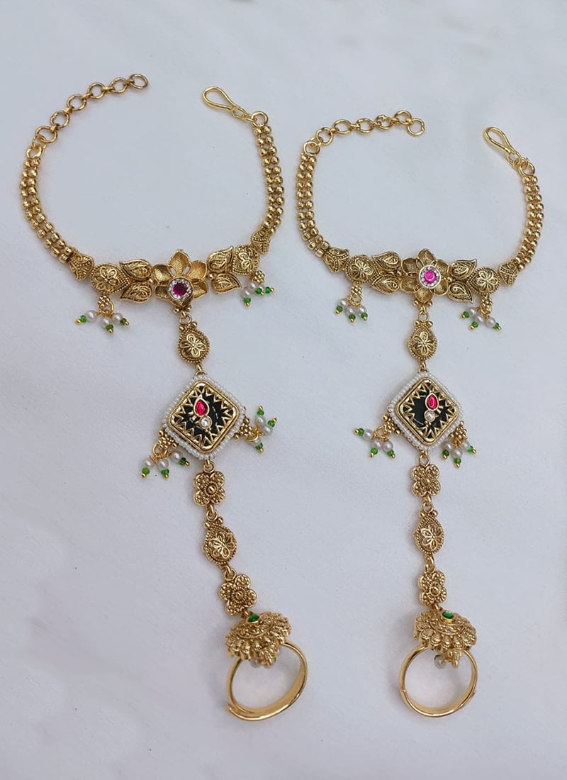 Classic Gold Copper Beads Kundan Haath Pool Wedding Wear