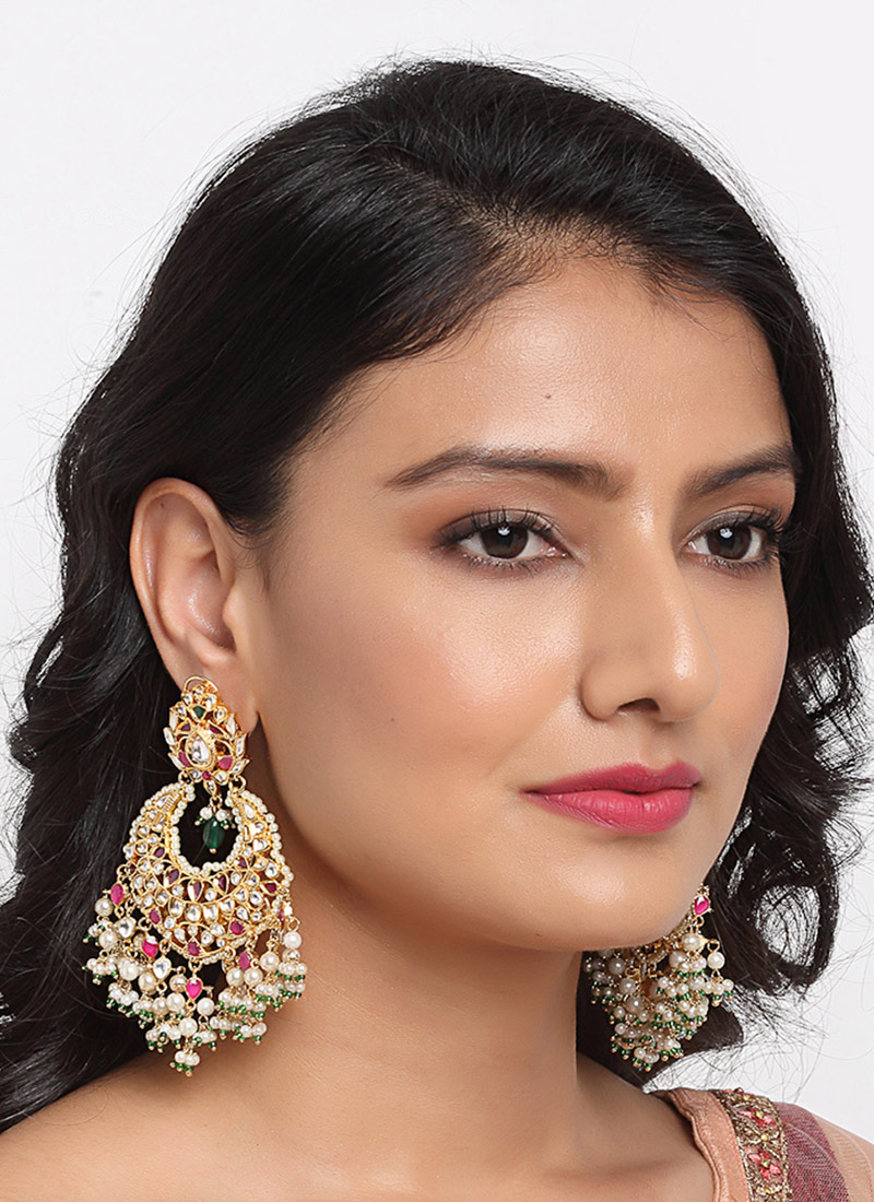 Classic Gold Plated Kundan Multicolor Stone And White Pearl Chaand Bali Party Wear