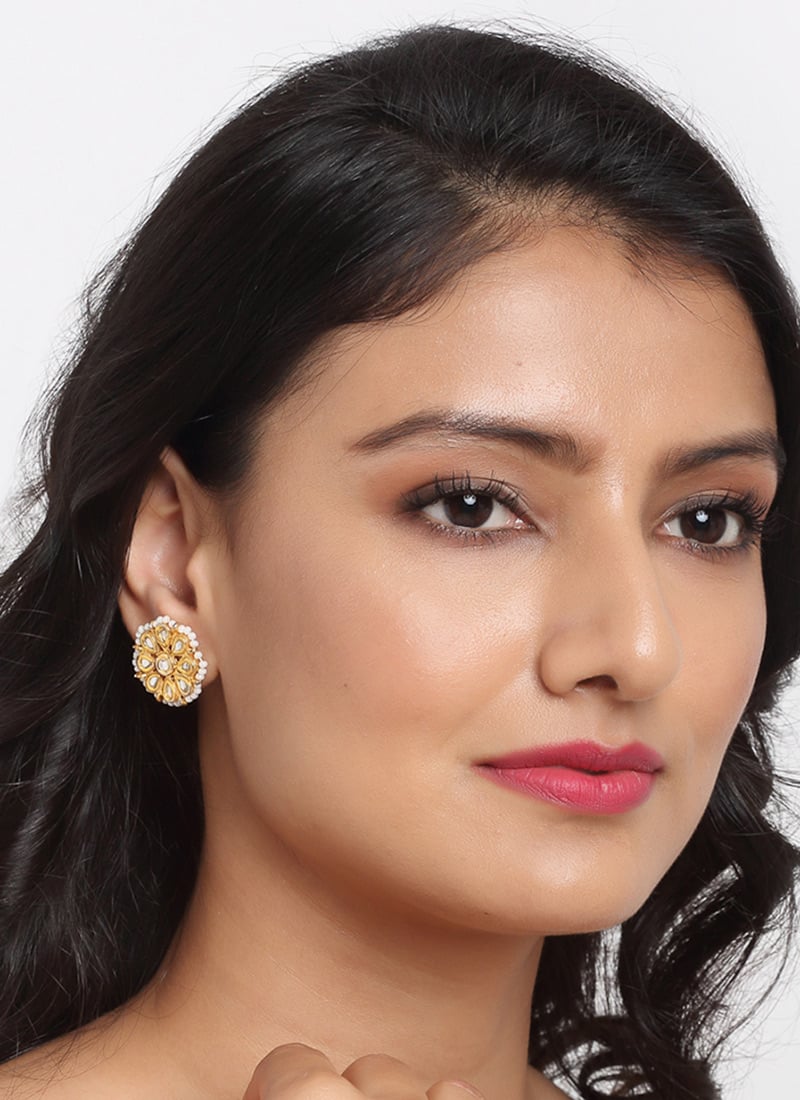 Classic Gold Plated Kundan Studs With White Stones And White Beads Party Wear