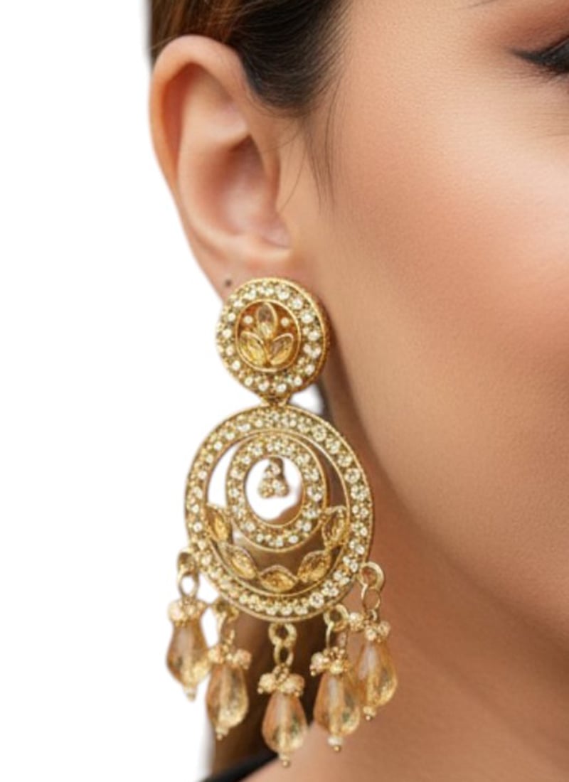 Classic Gold Plated Stones Pearl Kundan Chaand Bali Festive Wear