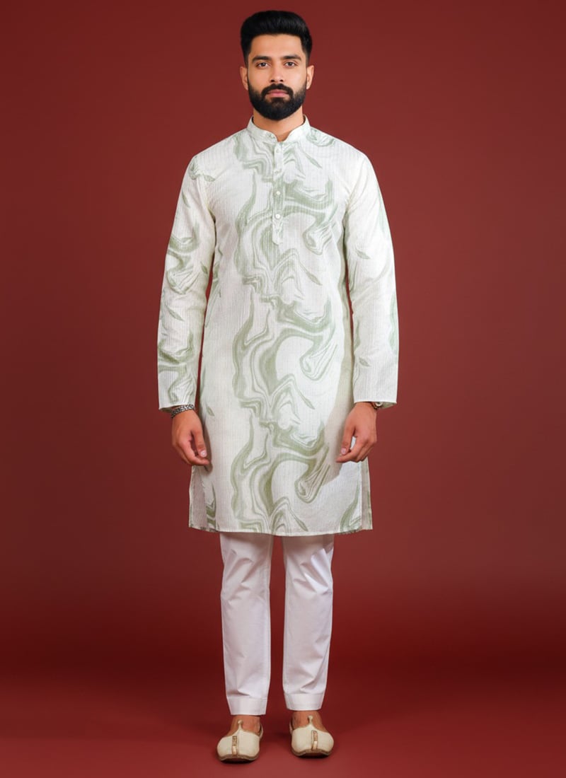 Classic Green Silk Printed Kurta Pyjama Festive Wear