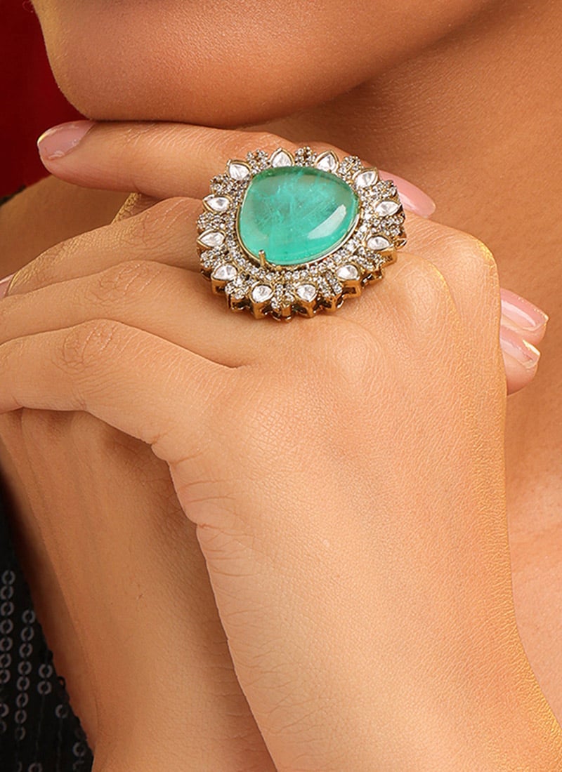 Classic Green Brass Kundan Stone Ring Wedding Wear