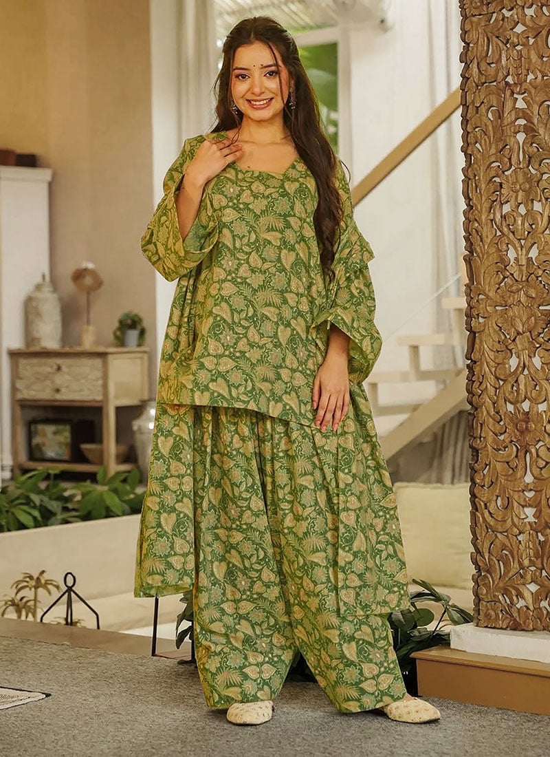 Classic Green Cambric Cotton Digital Print Farshi Salwar Suit After Six Wear