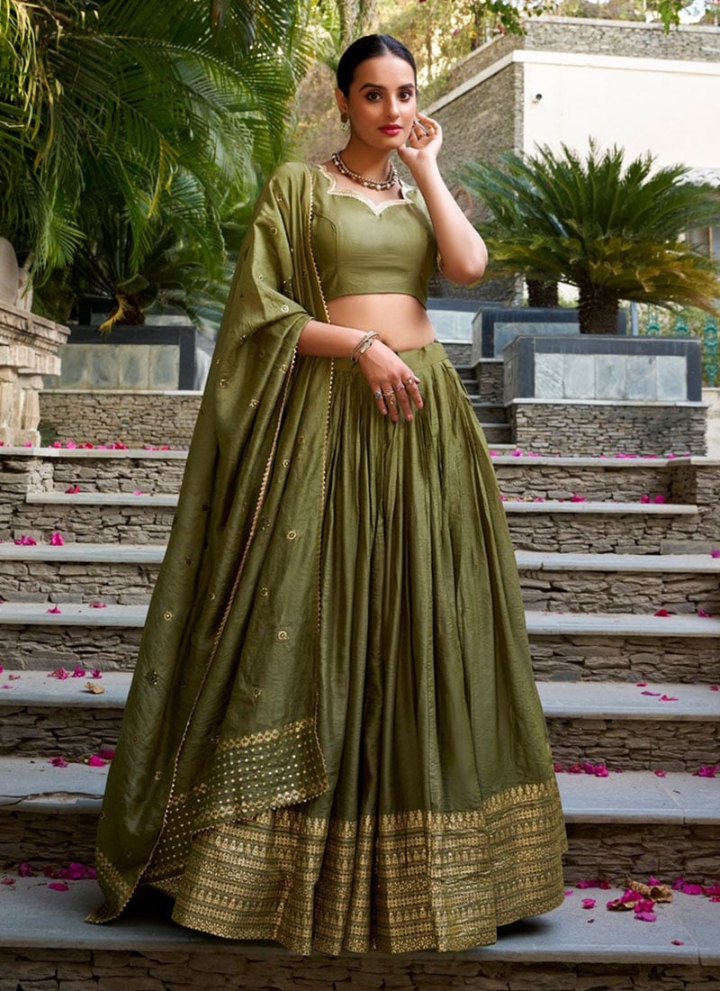 Classic Green Chanderi Silk Zari Umbrella Lehenga Festive Wear
