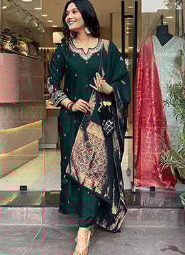 Classic Green Cotton Embroidered Straight Pant Suit