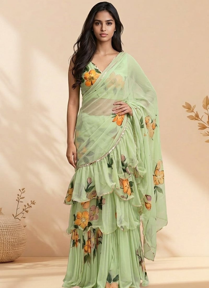 Classic Green Faux Georgette Digital Print Saree Wedding Wear
