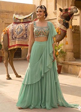 Classic Green Georgette Beads Stones Hand Embroidered Palazzo Style  Saree